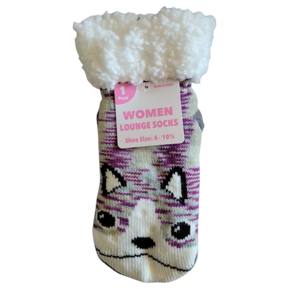 NWT Woman's Non Slip Grip Lounge Socks Sox Cat FLEECE LINED COZY SOFT
